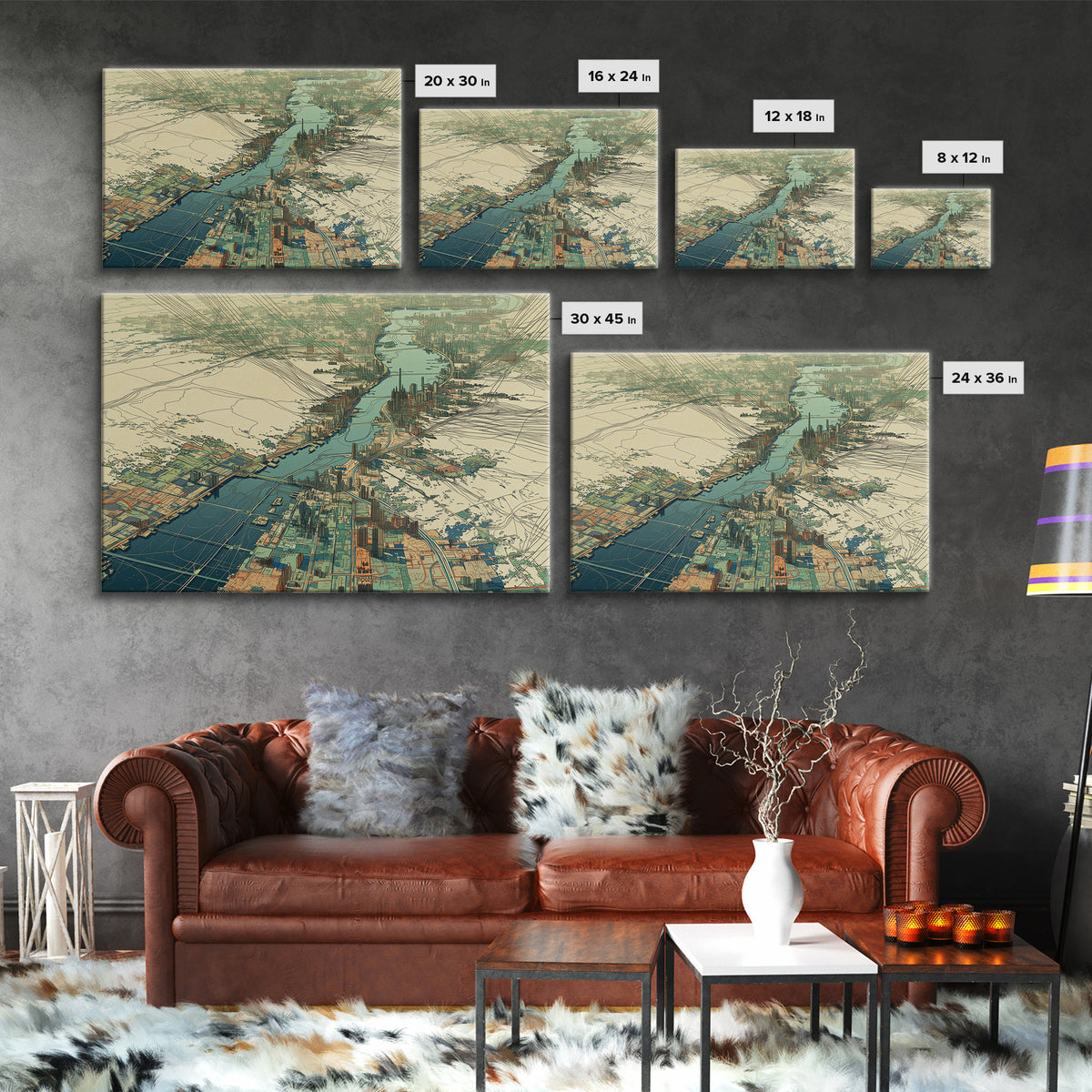 Aerial River City Map Canvas Print, Modern African Travel Inspired Wall Art, Teal Urban Landscape, Statement Office Decor Gift
