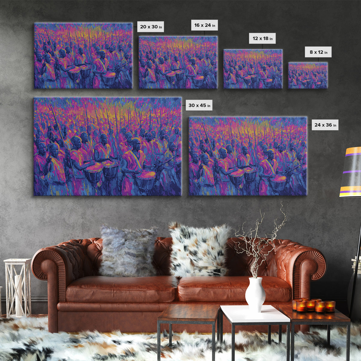 Neon African Drumming Festival Wall Art, Colorful Celebration Painting, Afrocentric Music Decor, Vibrant Living Room Canvas Print