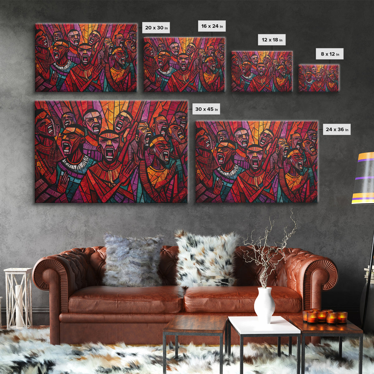 Stained Glass African Choir Wall Art, Bold Red Tribal Celebration Painting, Black Culture Decor, Expressive Canvas Print