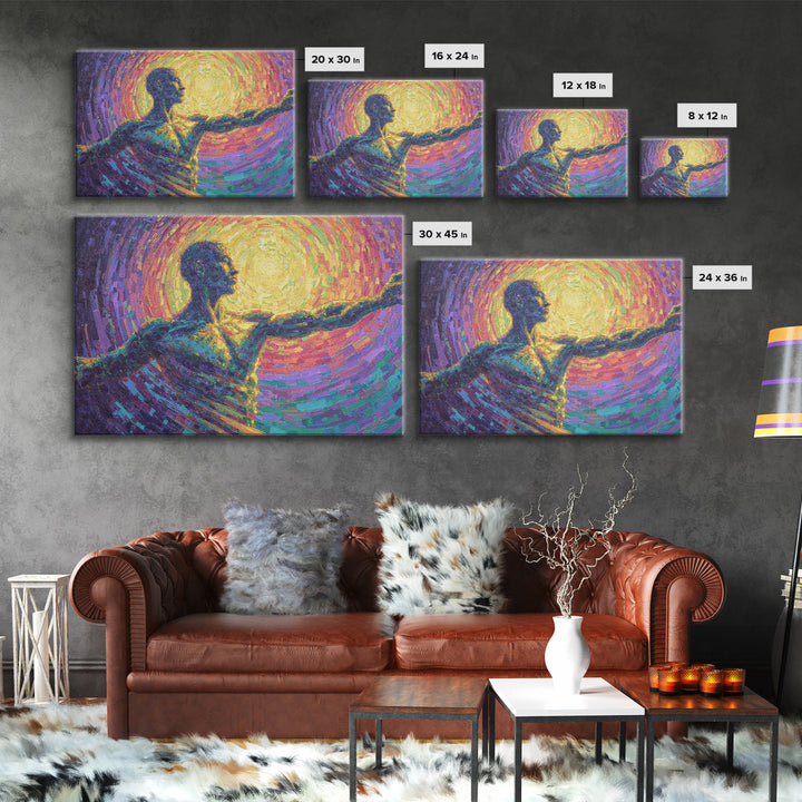 Radiant African Dancer Silhouette Canvas Print, Spiritual Abstract Wall Art, Colorful Black Figure, Meditation Room Decor