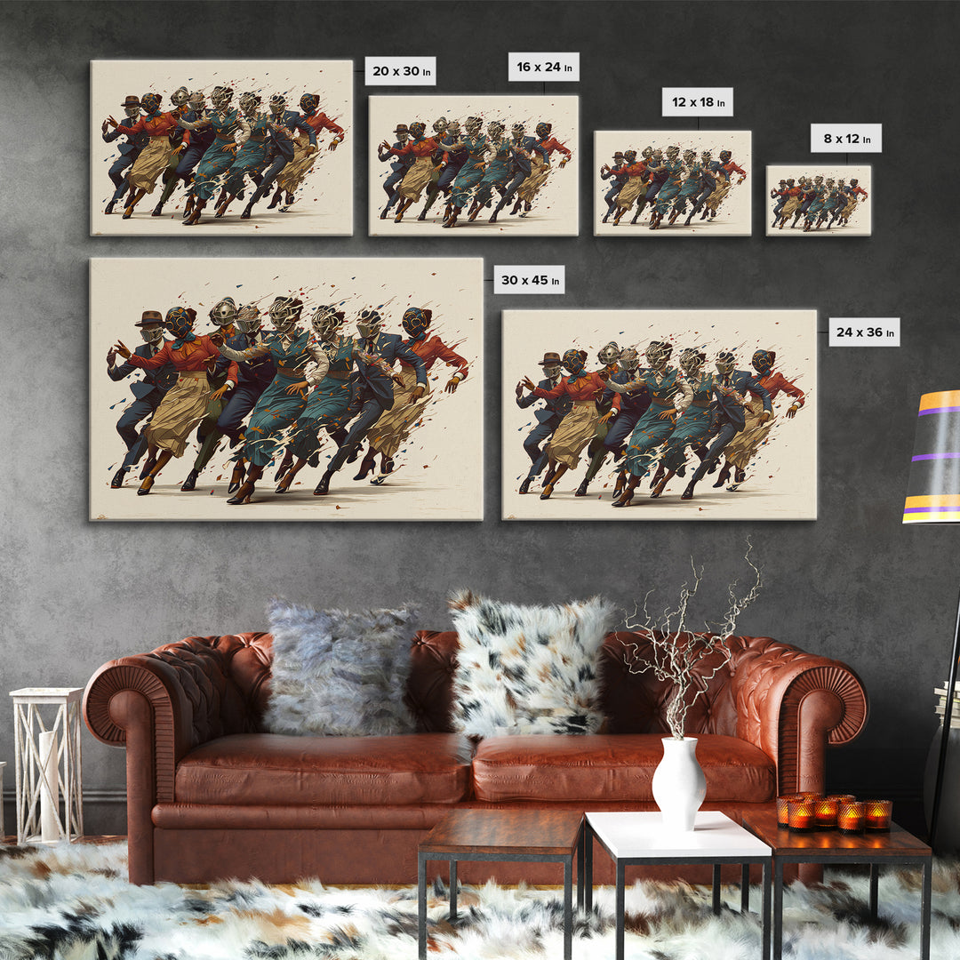 Masked African Jazz Dancers Canvas Print, Afrofuturism Fashion Wall Art, Stylish Black Culture Decor, Unique Home Decor Gift