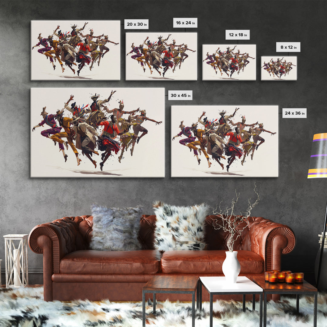 Joyful African Tribal Dancers Wall Art, Dynamic Masquerade Celebration Painting, Afrocentric Decor, Vibrant Canvas Print Gift