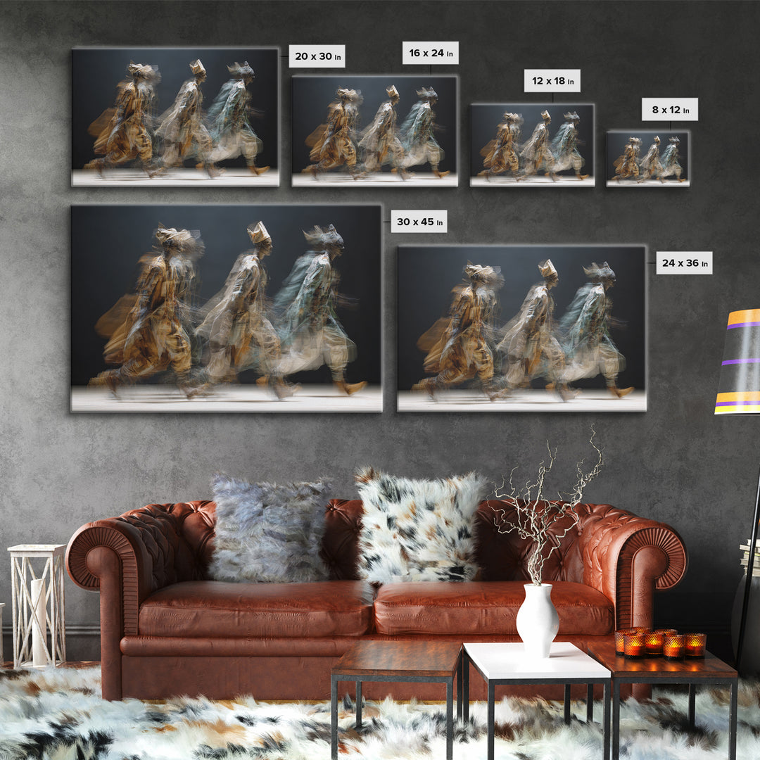 Blurred African Spirit Walkers Framed Canvas Print, Modern Afrocentric Wall Art, Ethnic Home Decor, Dreamy Motion Painting