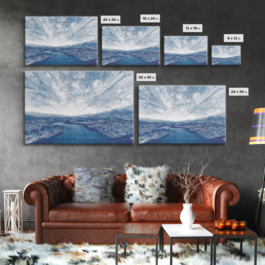 Blue River City Skyline Wall Art, Abstract Landscape Canvas Print, Modern Office Decor, Coastal Urban Artwork In Cool Tones