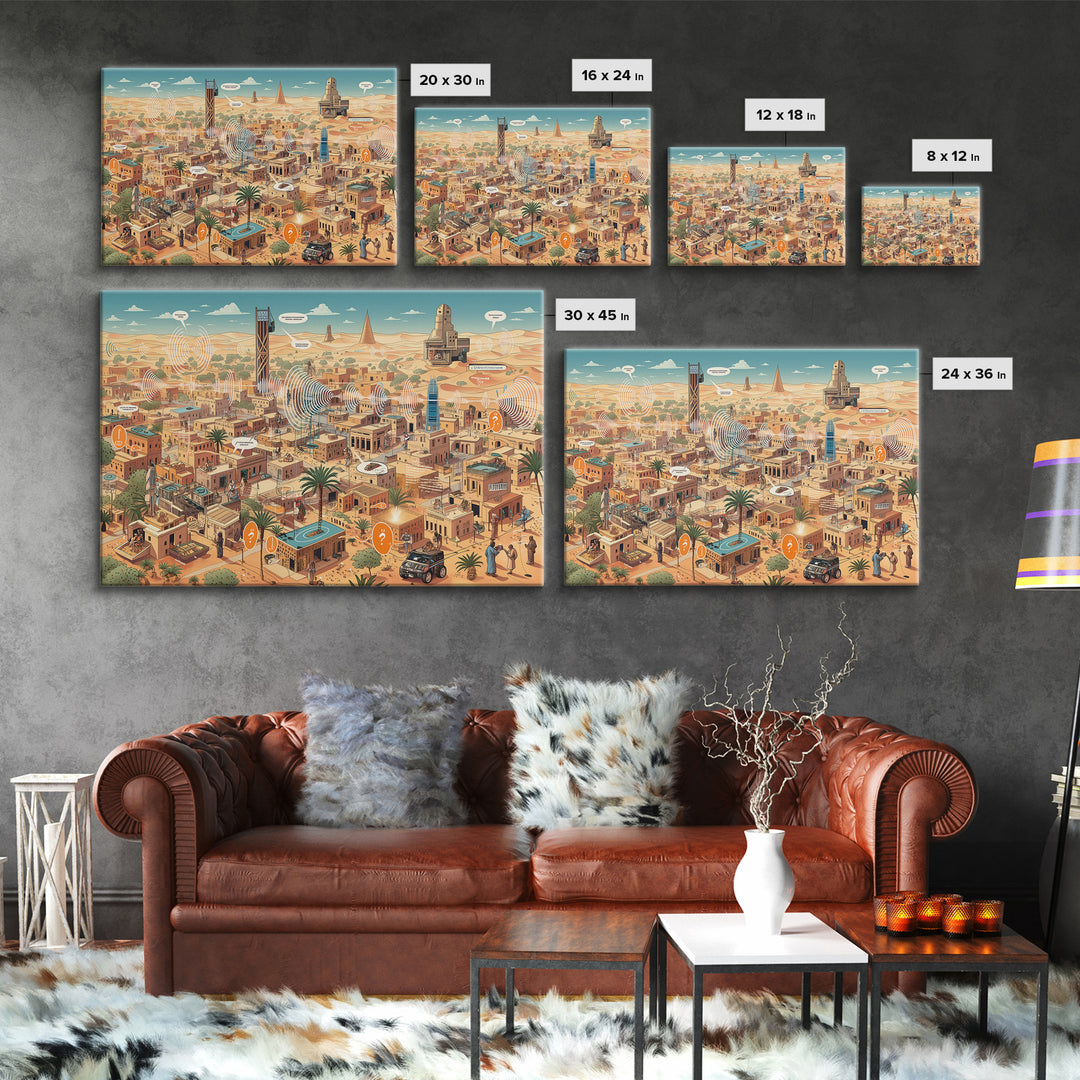 Afrofuturist Desert City With Radio Signals Wall Art, African Landscape, Modern Canvas Art, Tech Inspired Office Decor Print