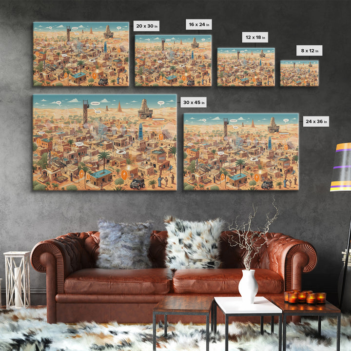 Afrofuturist Desert City With Radio Signals Wall Art, African Landscape, Modern Canvas Art, Tech Inspired Office Decor Print