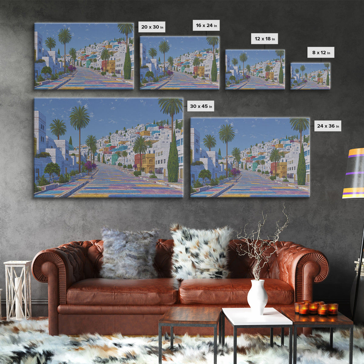 Sunny White Hillside Street With Rainbow Steps Canvas Print, Morocco Africa Travel Poster, Blue Palm Tree Wall Decor Art