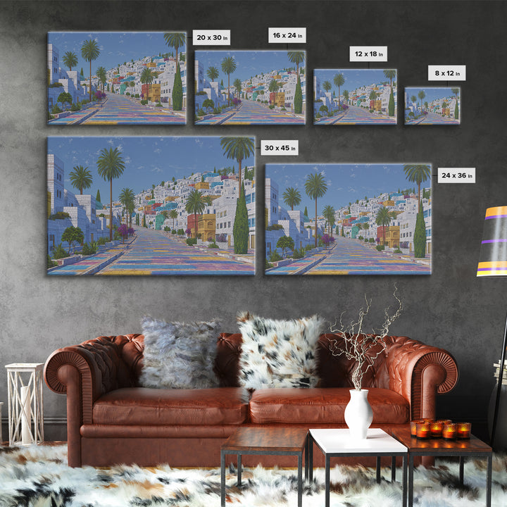 Sunny White Hillside Street With Rainbow Steps Canvas Print, Morocco Africa Travel Poster, Blue Palm Tree Wall Decor Art