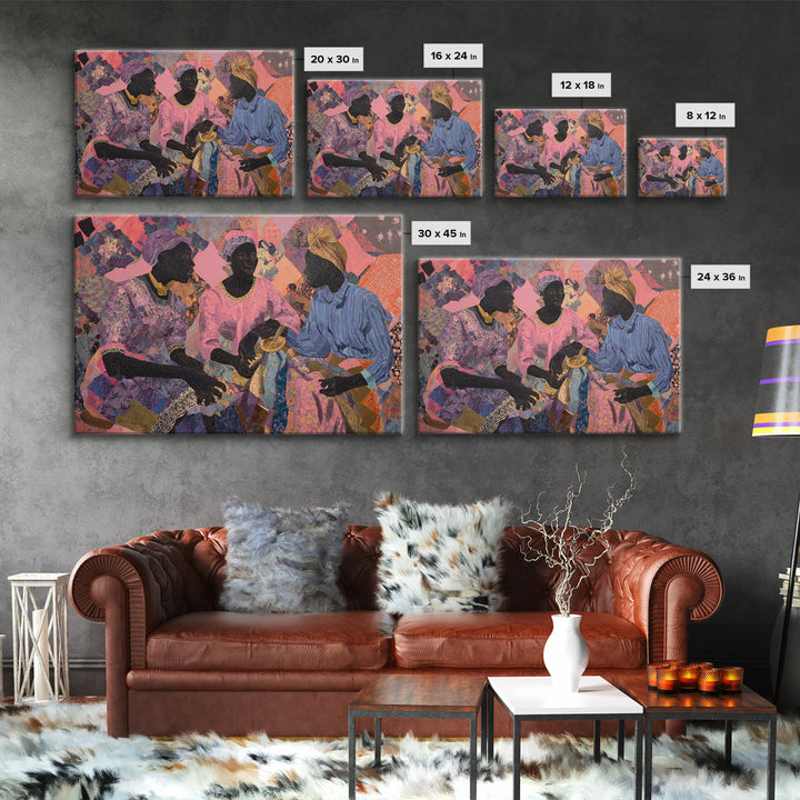 Three African Women Sharing Tea Framed Canvas Print, Textile Art, African Fabric, Black Women Art, Cultural Home Decor Gift