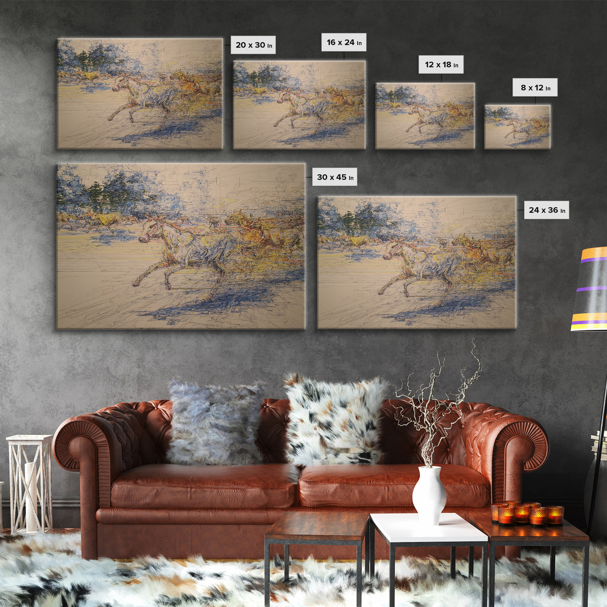 Galloping Horses In Dynamic Sketch Canvas Print, Abstract Painting, Statement Modern Wall Decor, Rustic Living Room Art Gift