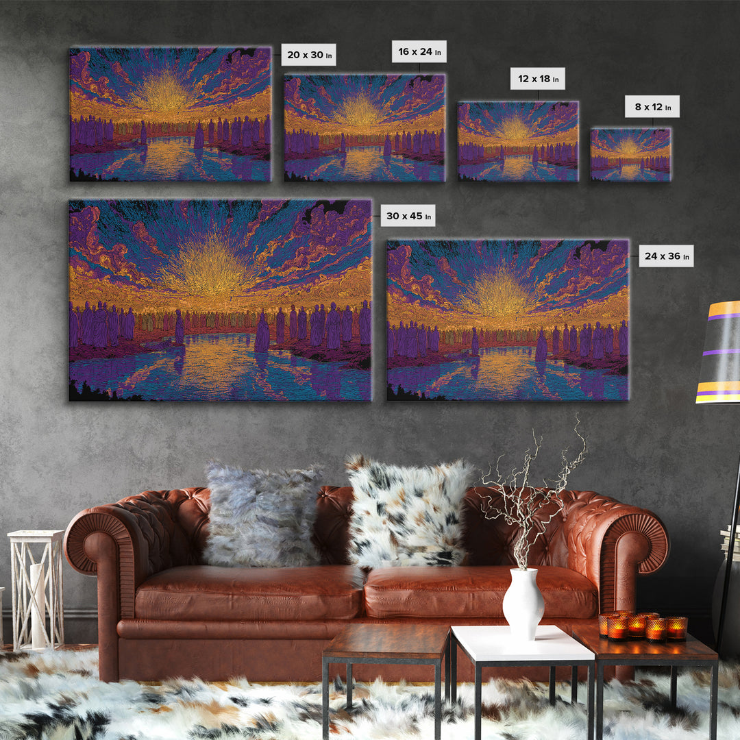 Vibrant Sunset Gathering By Water Wall Art, Mystical Wall Art, Spiritual Decor, Colorful African Art Print Large Canvas Gift