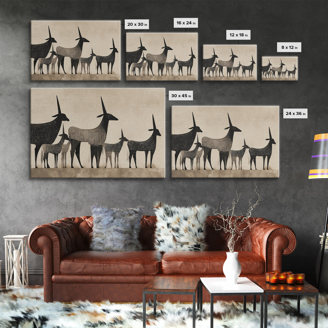 Minimalist Antelope Family Silhouette Canvas Print, African Safari Art, Neutral Tribal Decor, Beige Living Room Wall Decor