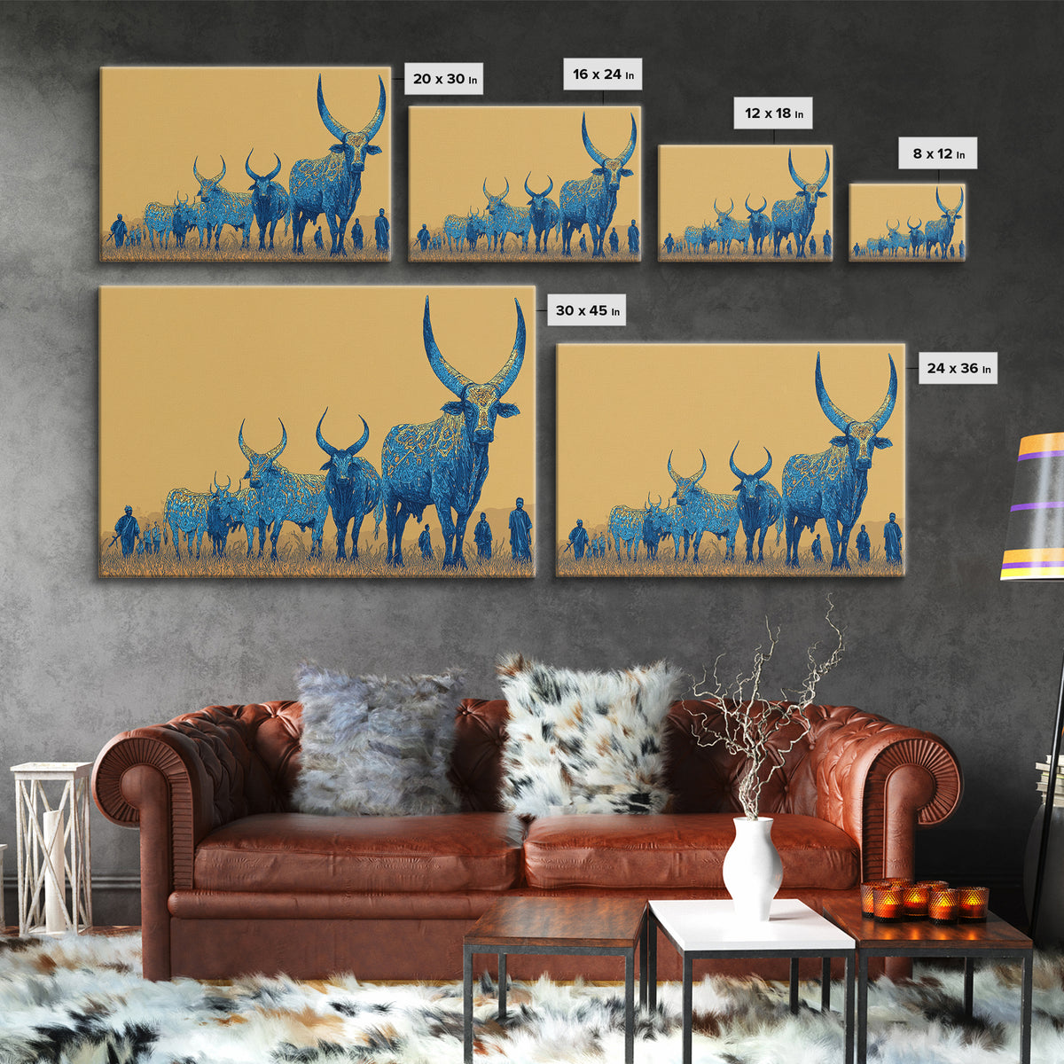 Blue Ornate Ankole Cattle Herd Canvas Print, African Safari Art, Tribal Animal Decor, Golden Savanna Statement Wall Art Print