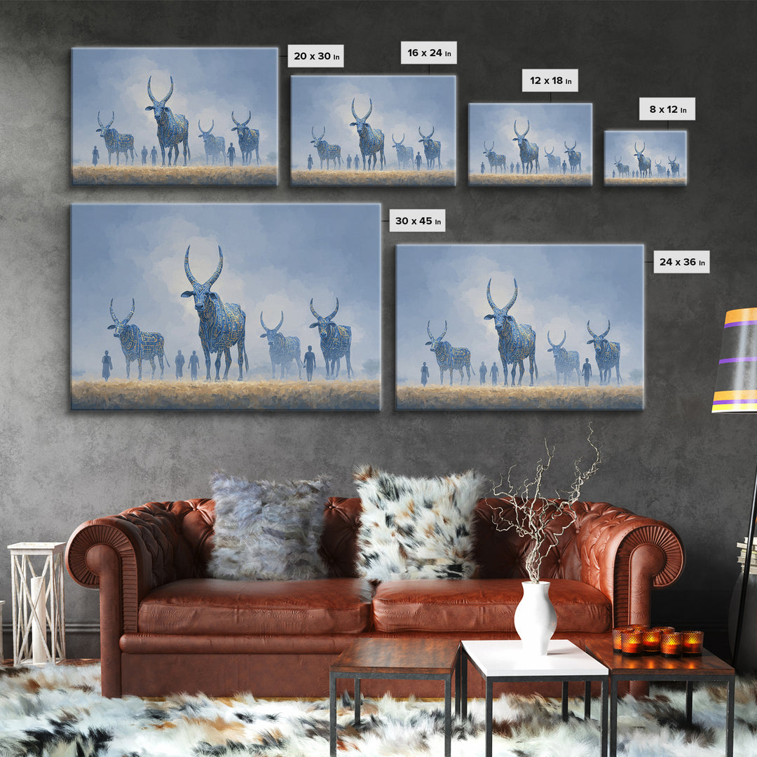 Misty Blue Ankole Cattle In Grassland Framed Canvas Print, African Animal Art, Serene Safari Decor, Modern Wall Art Home Decor