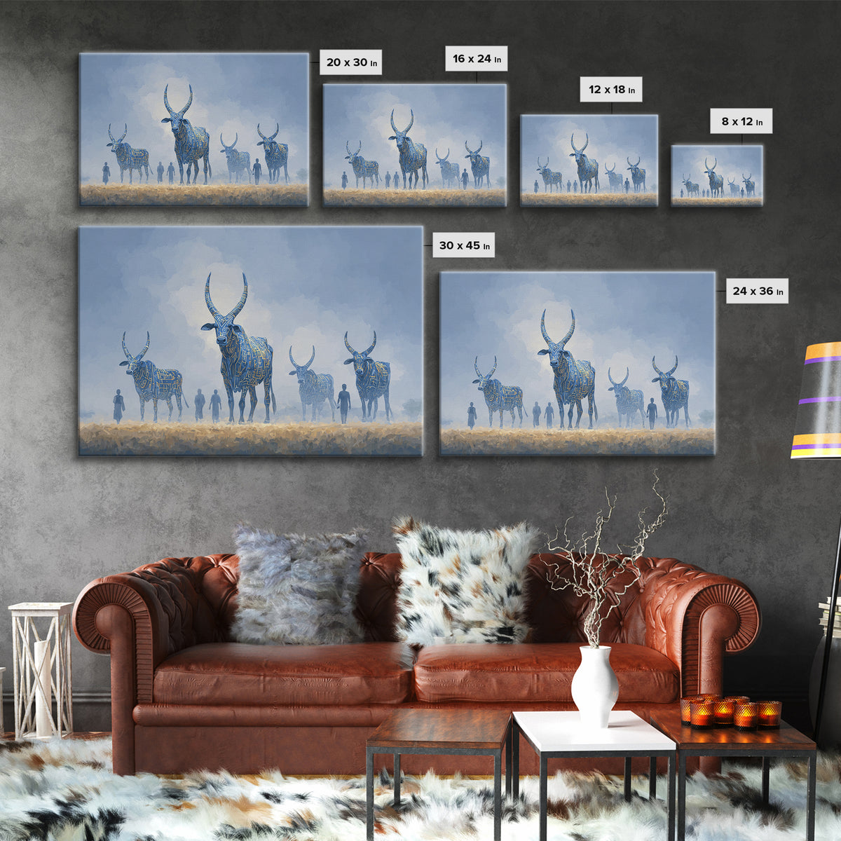 Misty Blue Ankole Cattle In Grassland Framed Canvas Print, African Animal Art, Serene Safari Decor, Modern Wall Art Home Decor