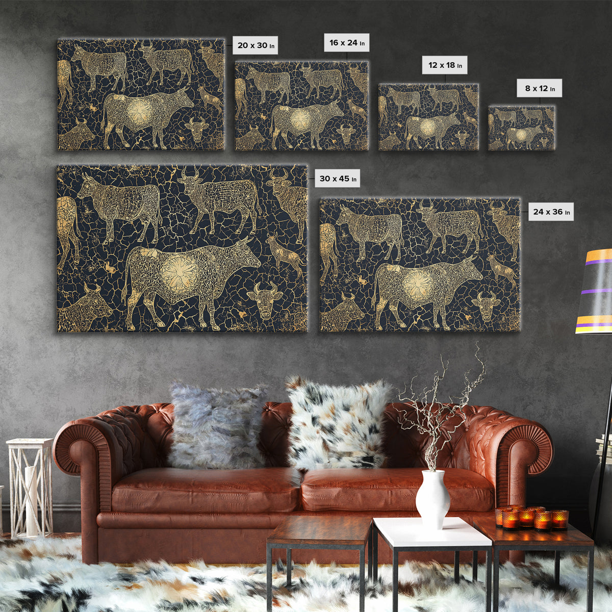 Gold Line Cattle On Cracked Black Canvas Print, African Tribal Art, Rustic Animal Pattern, Bold Ethnic Wall Decor, Home Decor