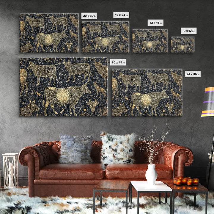 Gold Line Cattle On Cracked Black Canvas Print, African Tribal Art, Rustic Animal Pattern, Bold Ethnic Wall Decor, Home Decor