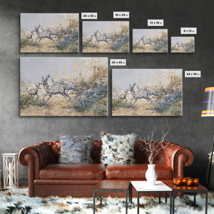 Leaping Antelope Beside Abstract City Skyline Wall Art, African Safari Art Print, Modern Nature Scene, Office Decor Gift
