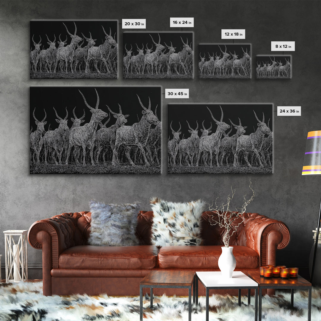 Black And White Ankole Herd At Night Canvas Print, African Animal Art, Minimalist Safari Decor, Bold Statement Wall Art Print