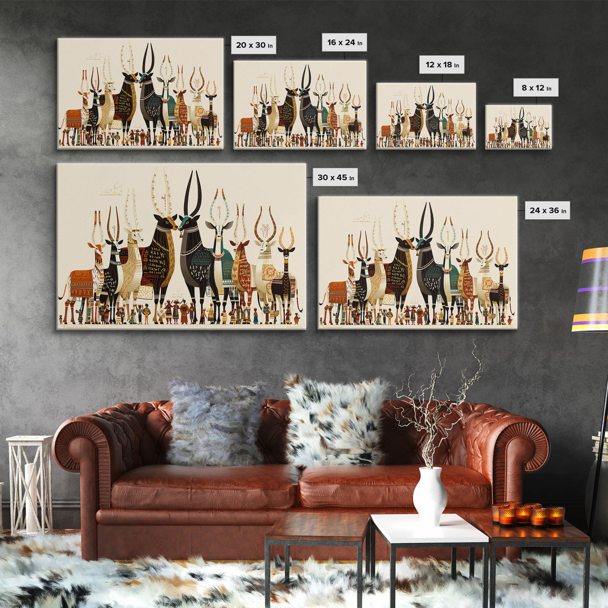 Stylized Sacred Cattle And Villagers Framed Canvas Print, African Egyptian Art, Tribal Culture Decor, Colorful Wall Art Print