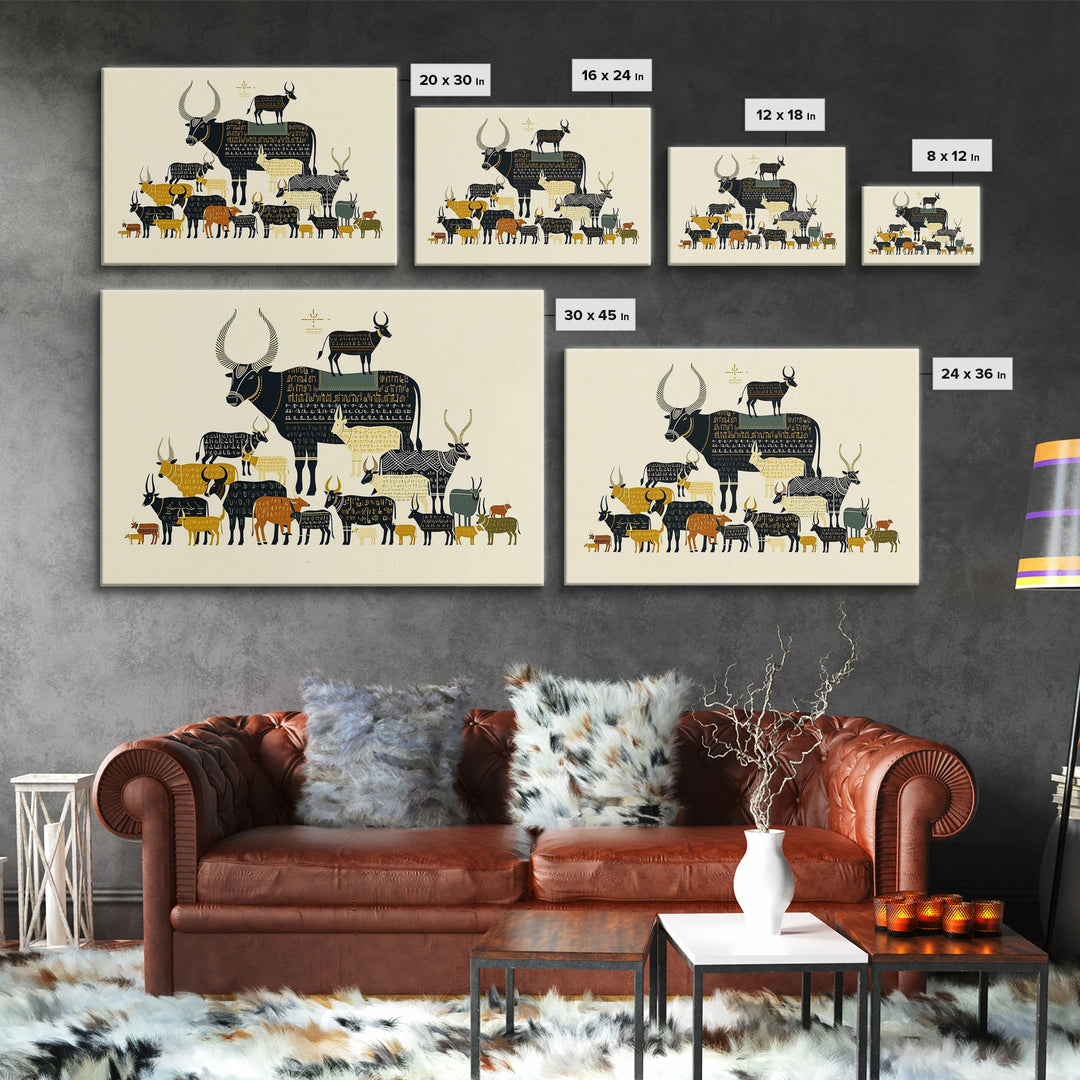 Stacked Sacred Cattle Hieroglyph Inspired Canvas Print, African Egyptian Art, Tribal Animal Decor, Unique Wall Art Print