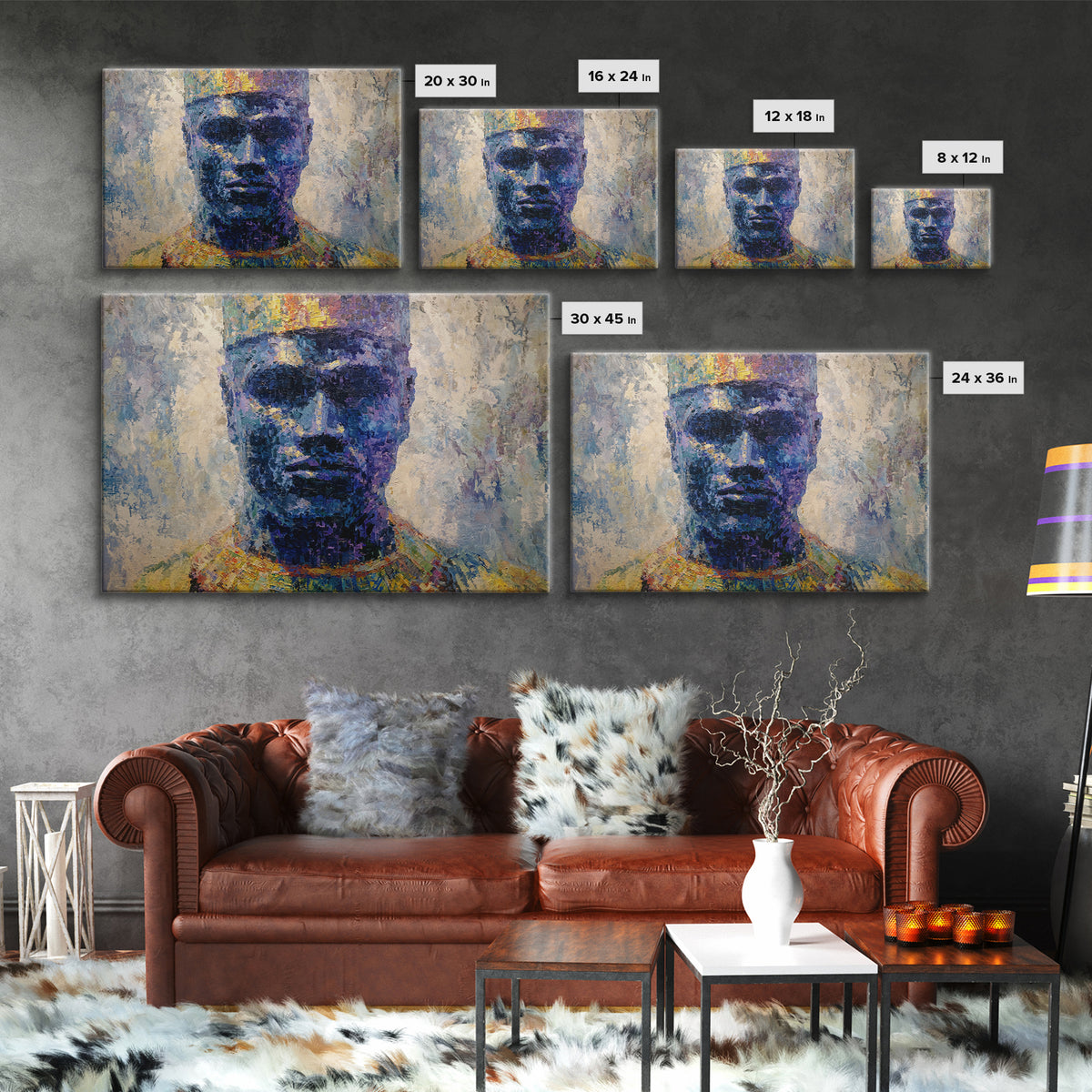 Blue Crowned African Man Portrait Canvas Print, Modern Afrocentric Art, Black Male Wall Decor, Textured Cultural Artwork