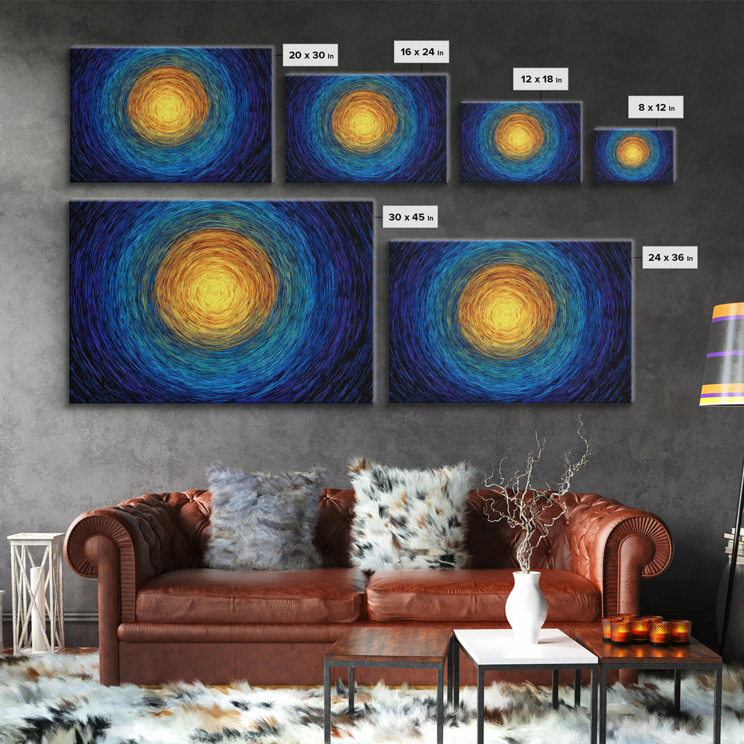 Radiant Sun Spiral In Blue And Gold Wall Art, Abstract African Inspired Print, Modern Canvas Decor, Meditation Room Artwork
