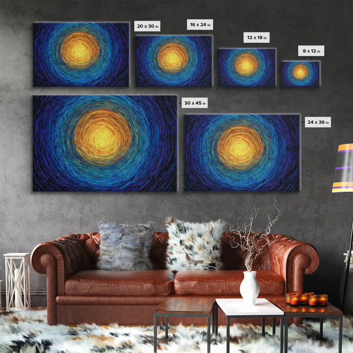 Radiant Sun Spiral In Blue And Gold Wall Art, Abstract African Inspired Print, Modern Canvas Decor, Meditation Room Artwork