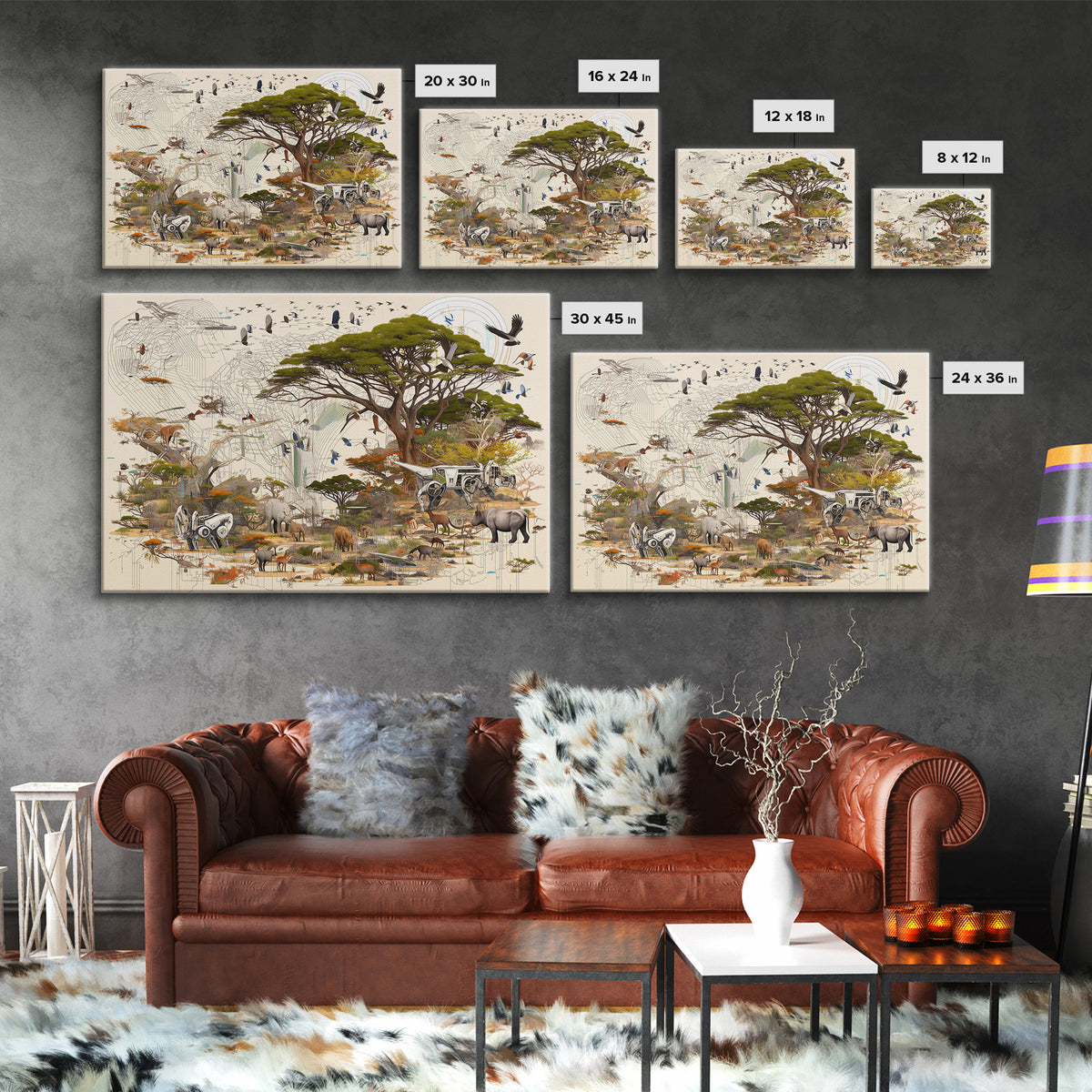Acacia Safari Wildlife Collage Framed Canvas Print, African Animal Art, Serengeti Wall Decor, Nature Scene Living Room Decor