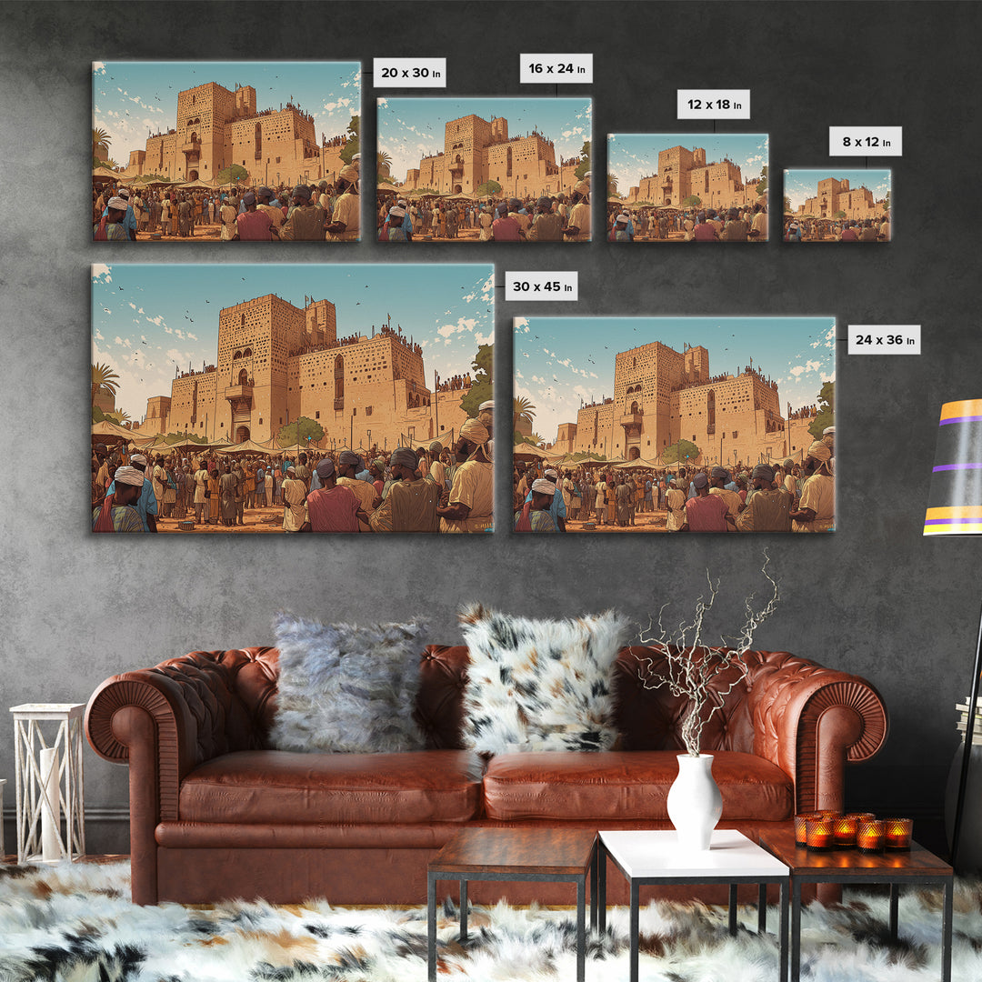 Adobe African Market Fortress Canvas Print, Cultural City Wall Art, West Africa Poster, Earth Tone Travel Home Decor Gift