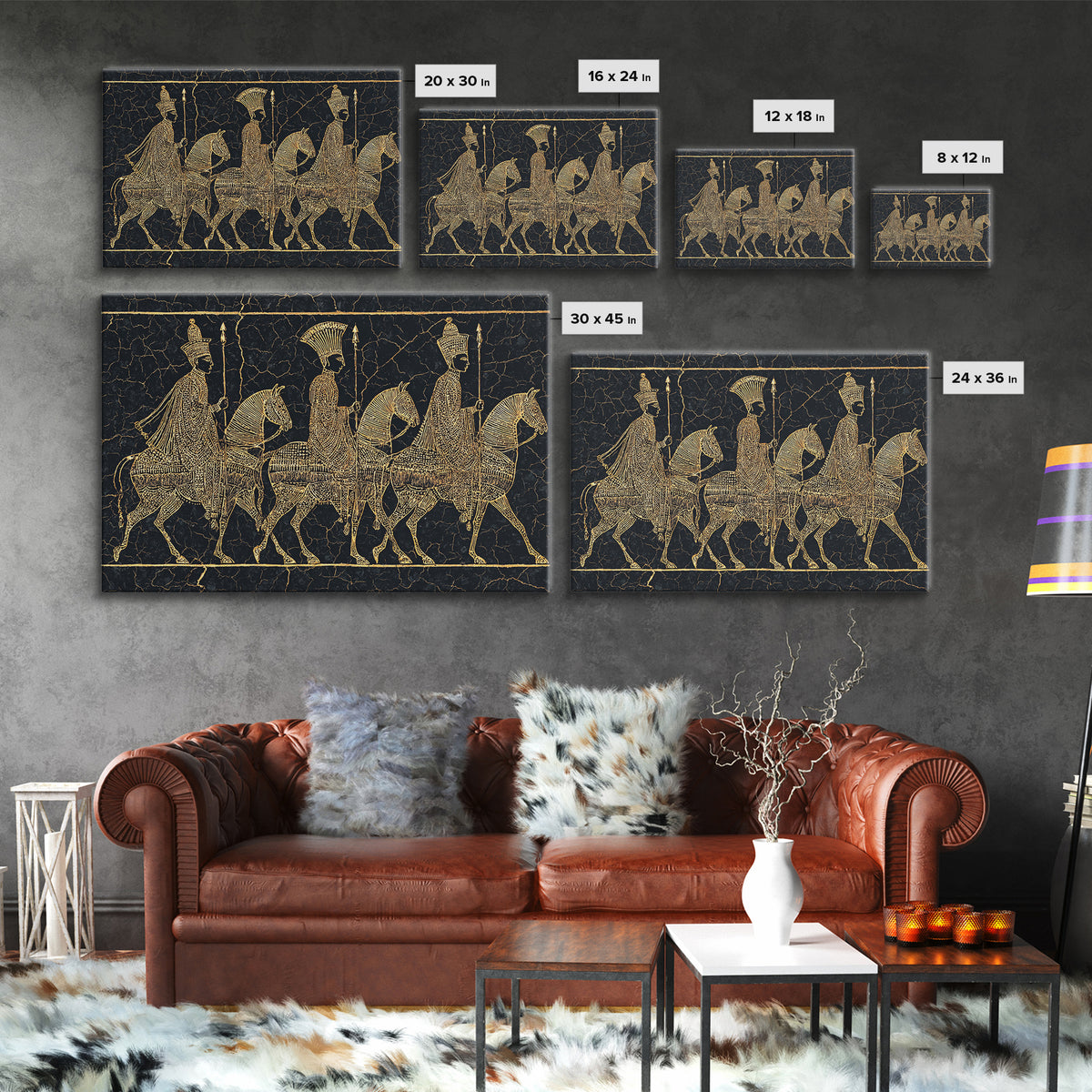 Ancient Gold African Horsemen Canvas Print, Black Tribal Line Art, Warrior Procession, Luxury Afrocentric Wall Decor, Statement Piece