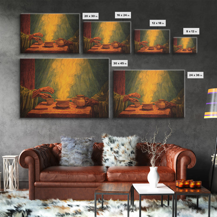 Glowing African Incense Ritual Canvas Print, Hands And Pottery, Spiritual Smoke Ceremony, Earth Tone Wall Decor, Cultural Gift