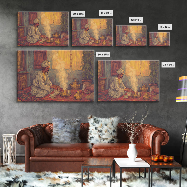 Seated African Tea Ceremony Framed Canvas Print, Spiritual Prayer Room Smoke, Traditional Interior, Afrocentric Wall Decor Gift