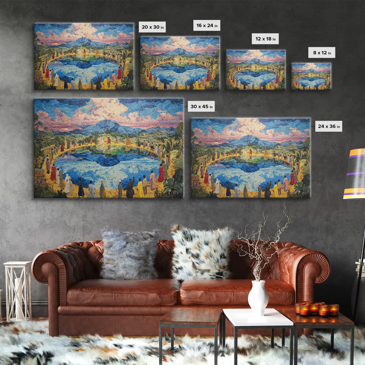 African Village Gathering By Blue Lake Wall Art, Colorful Landscape, Cultural Celebration, Large Living Room Canvas Print