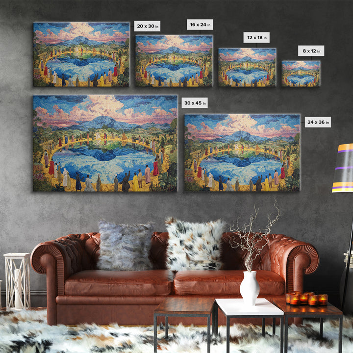 African Village Gathering By Blue Lake Wall Art, Colorful Landscape, Cultural Celebration, Large Living Room Canvas Print