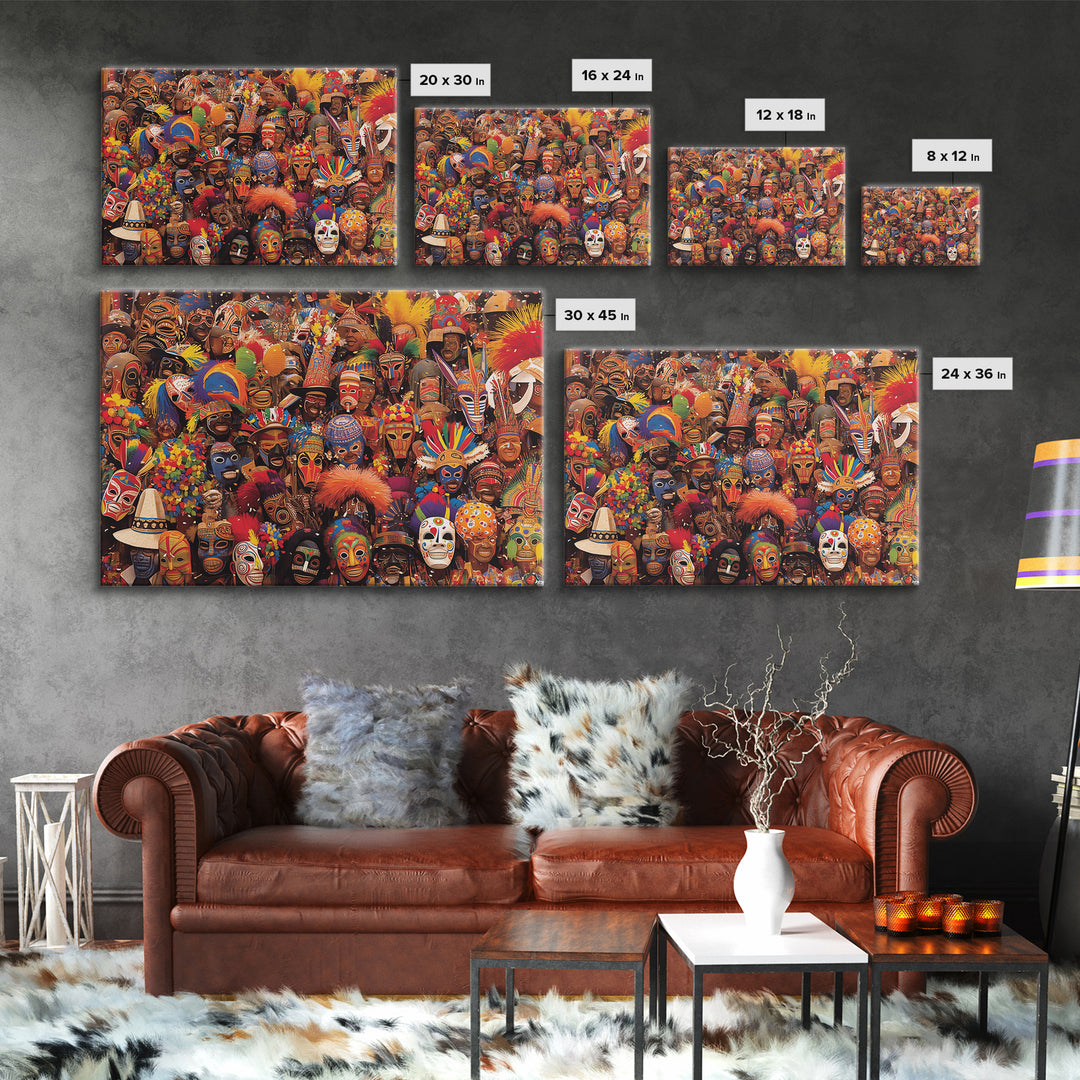 Festive African Carnival Mask Crowd Canvas Print, Colorful Tribal Wall Art, Afrocentric Celebration Decor, Black Culture Gift