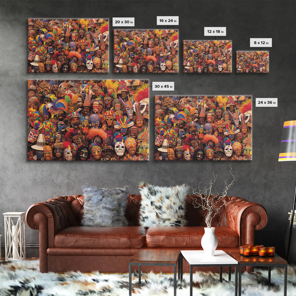 Festive African Carnival Mask Crowd Canvas Print, Colorful Tribal Wall Art, Afrocentric Celebration Decor, Black Culture Gift