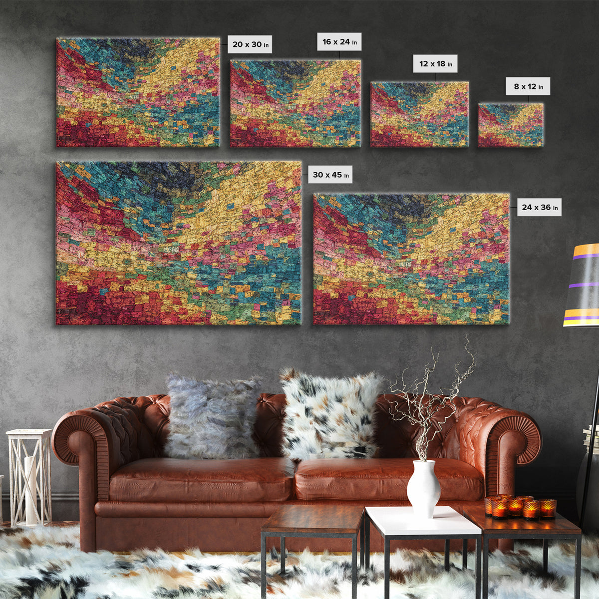 Colorful Mosaic Textile Landscape Wall Art, Abstract African Fabric Patterns, Modern Boho Decor, Textured Canvas Print Gift