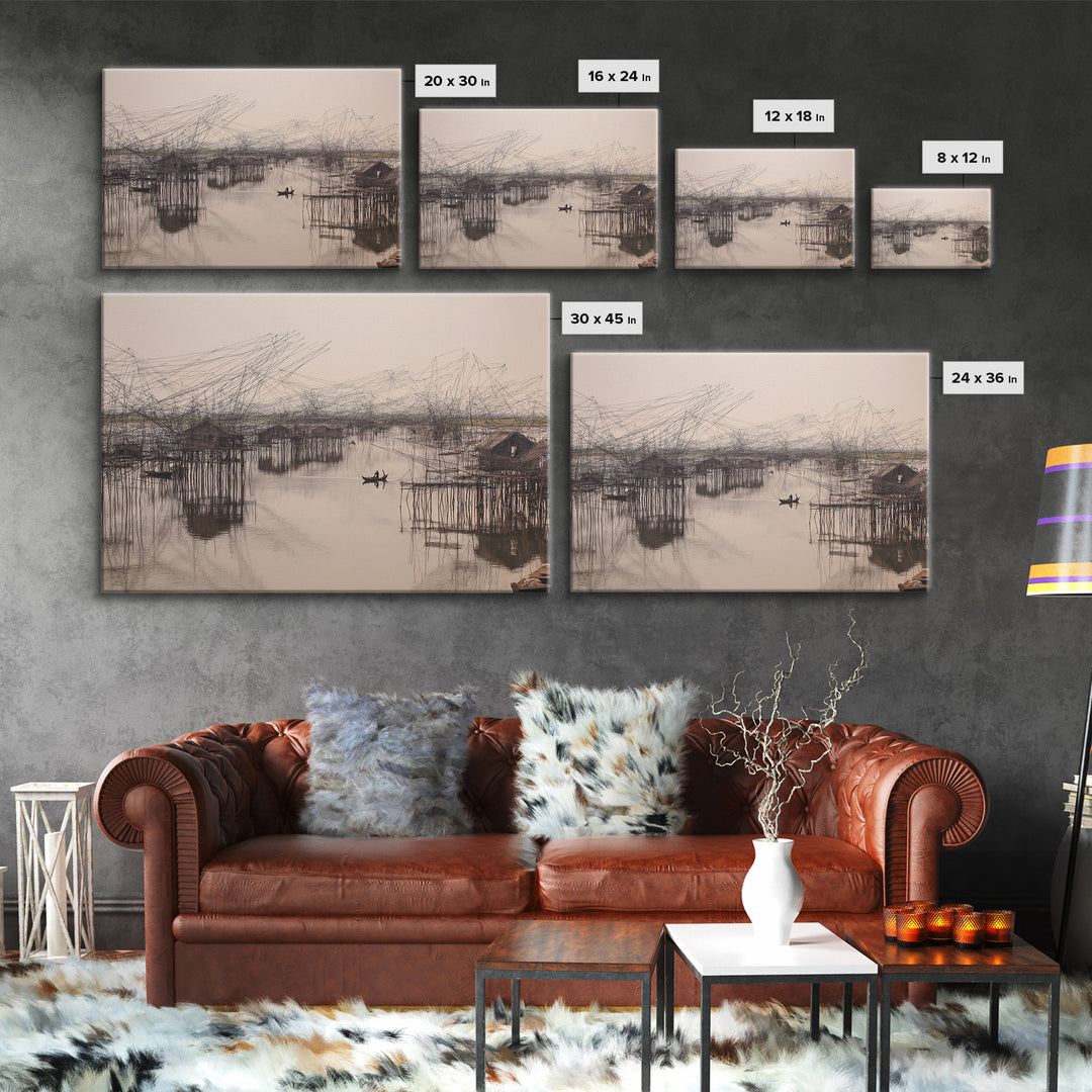 Sepia Stilt Fishing Village On Calm Water Wall Art, African Landscape, Coastal Home Decor, Serene Living Room Canvas Print