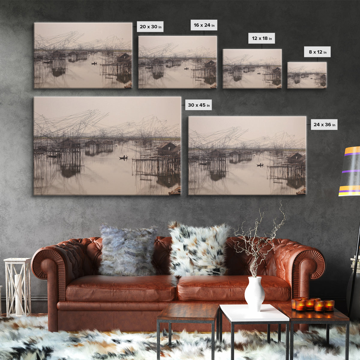 Sepia Stilt Fishing Village On Calm Water Wall Art, African Landscape, Coastal Home Decor, Serene Living Room Canvas Print