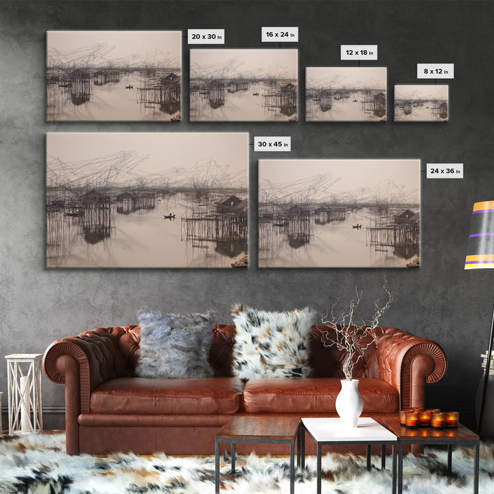 Sepia Stilt Fishing Village On Calm Water Wall Art, African Landscape, Coastal Home Decor, Serene Living Room Canvas Print