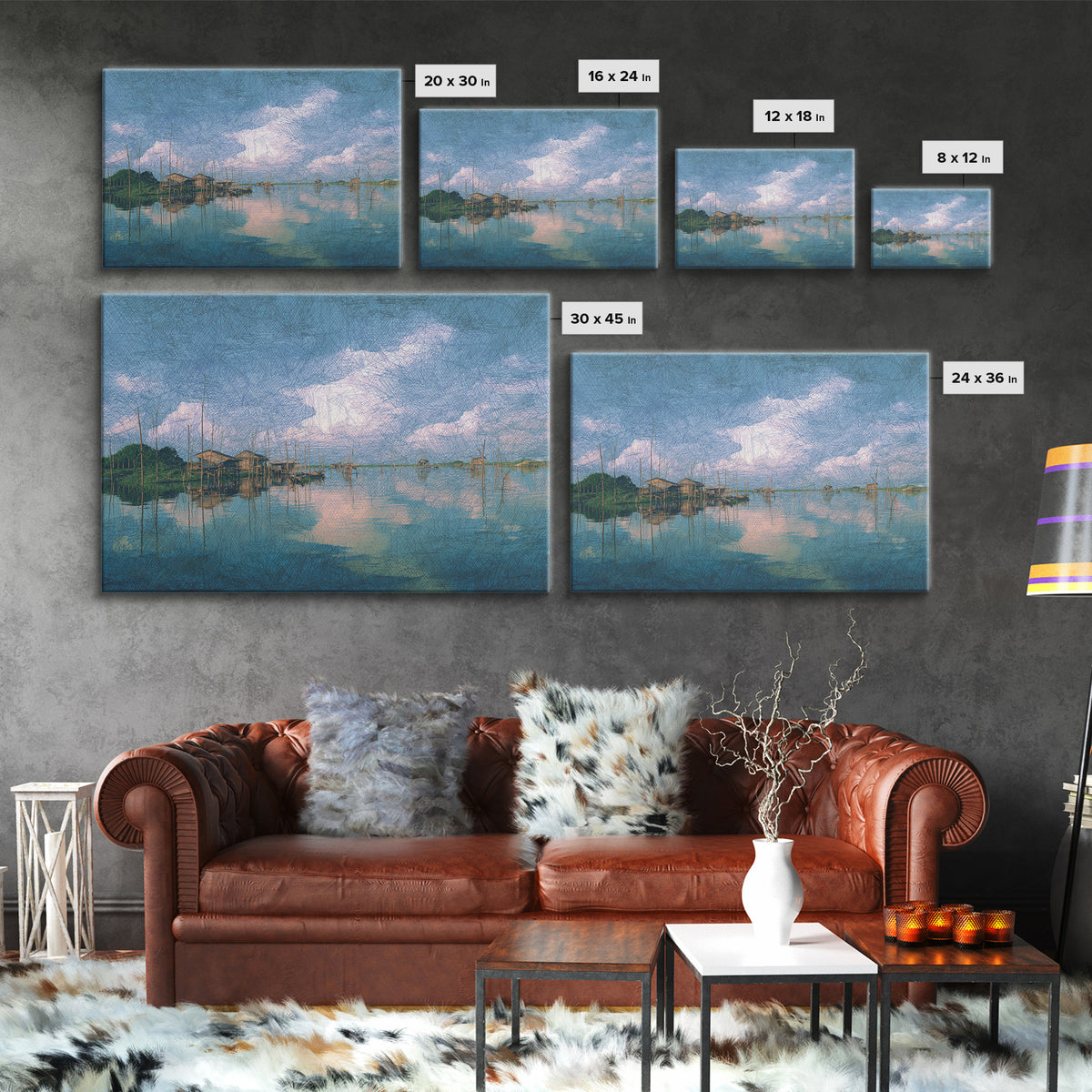Blue Lagoon Stilt Houses Under Cloudy Sky Canvas Print, African Wall Art, Coastal Decor, Peaceful Lake Home Decor Art Gift