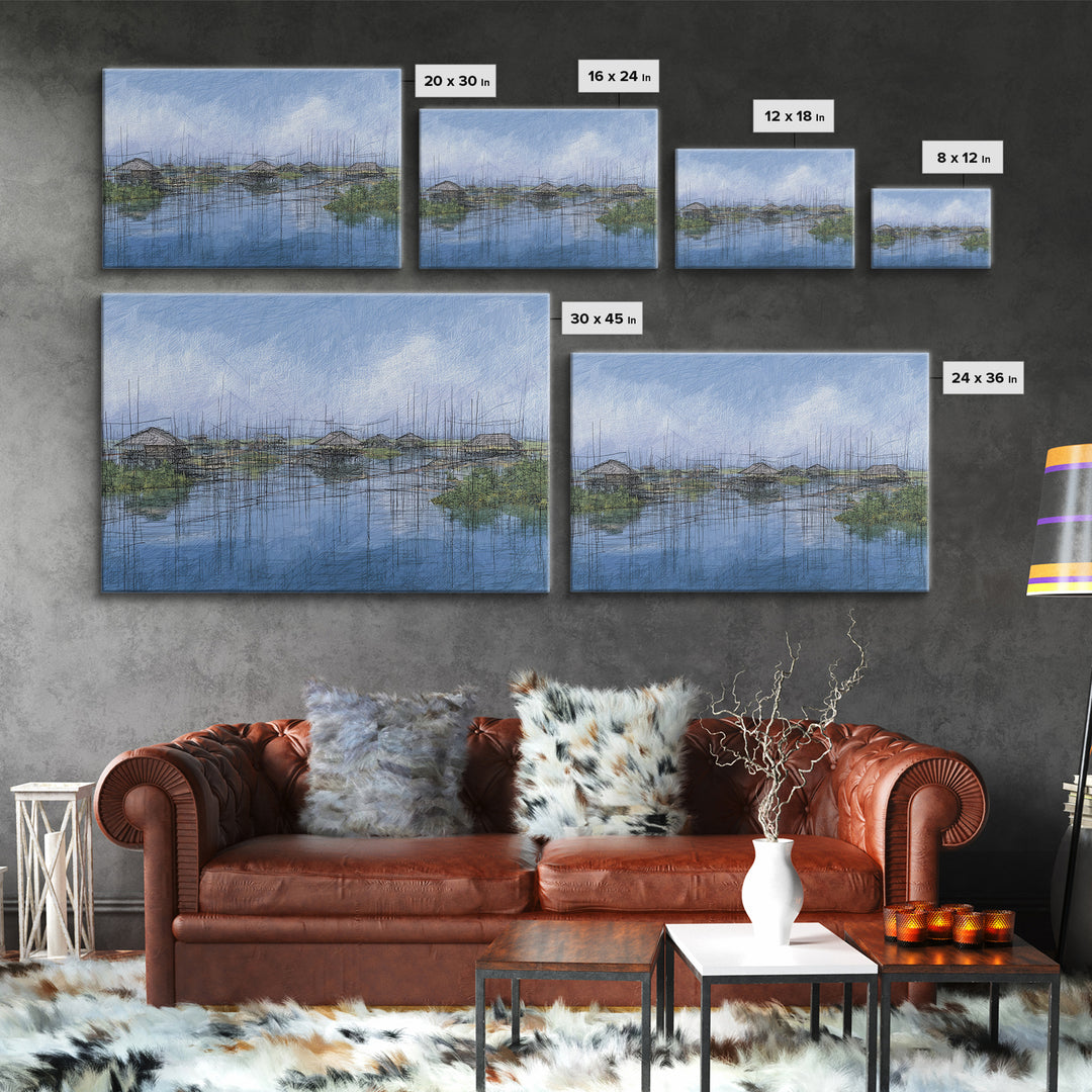 Rainy Wetland Stilt Huts With Blue Reflections Wall Art, African Landscape, Modern Coastal Decor, Peaceful Canvas Print Gift