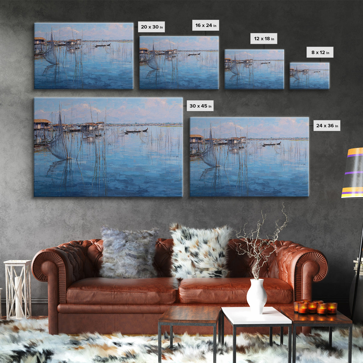 Painterly Blue Stilt Village With Small Boat Canvas Print, African Wall Art, Coastal Living Room Decor, Serene Lake Gift