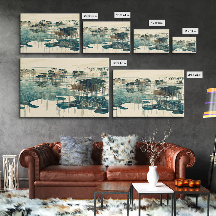 Graphic Stilt House Fishing Village Over Turquoise Water Wall Art, African Landscape, Modern Coastal Decor, Canvas Print Gift