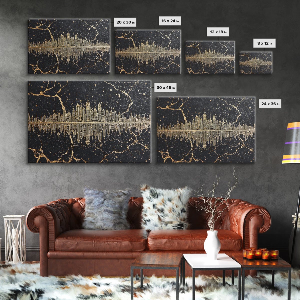 Gold Line Art Skyline Reflected On Black Marble Wall Art, Luxury Canvas Print, Modern Office Decor, Elegant Home Decor Gift