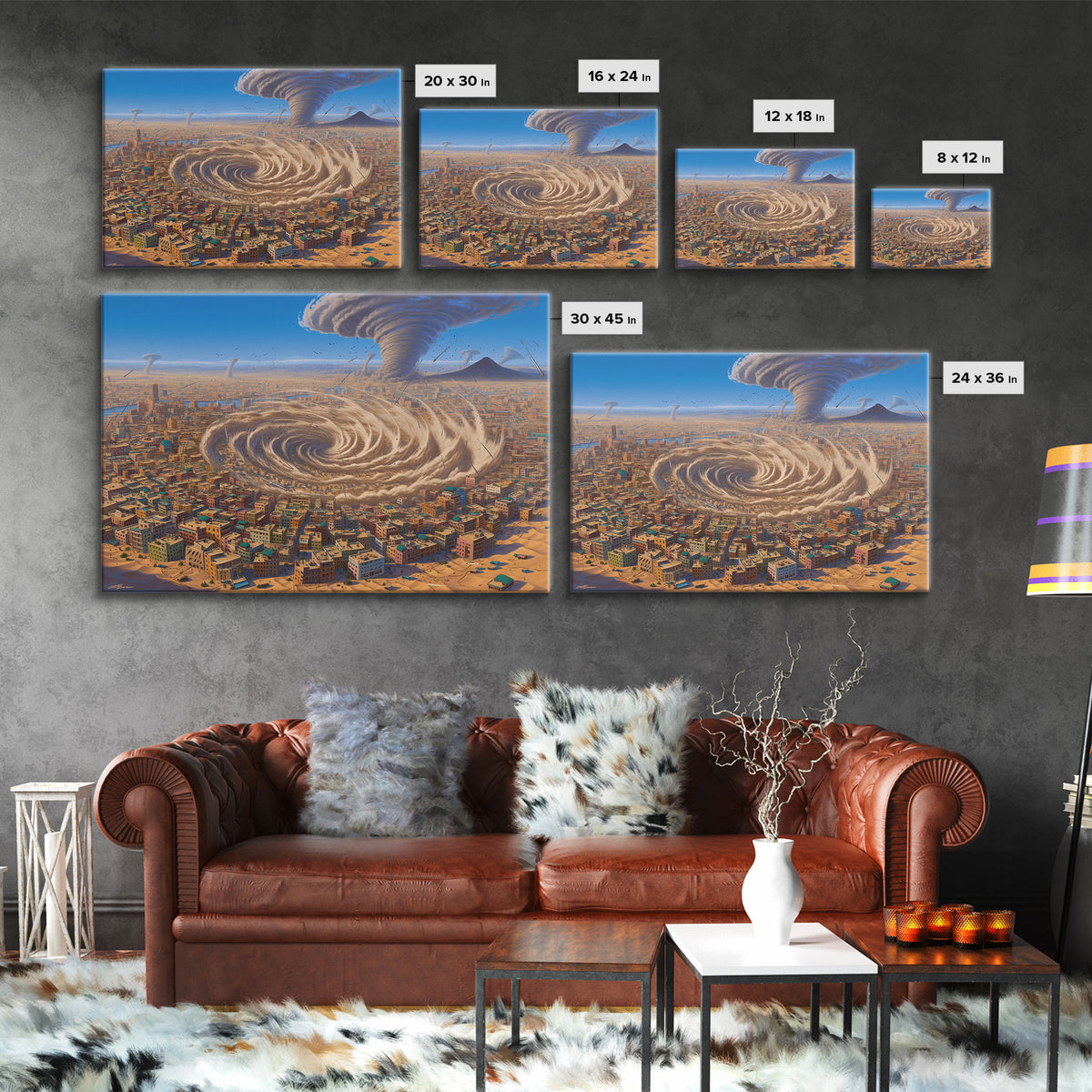 Surreal Desert City With Giant Tornado Storms Canvas Print, African Landscape Wall Art, Sci Fi Home Decor, Statement Gift