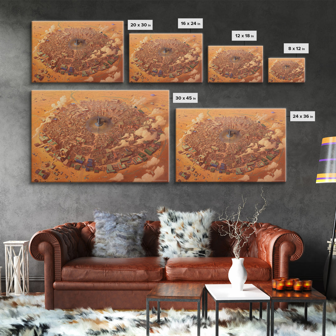 Circular Desert City Around A Central Spire Canvas Print, African Landscape Wall Art, Futuristic Home Decor, Unique Gift