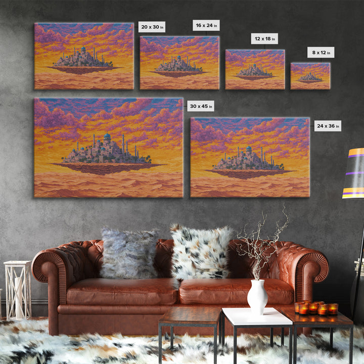 Floating Desert Palace Framed Canvas Print, Orange Sunset Mosque Artwork, African Inspired Travel Decor For Statement Walls