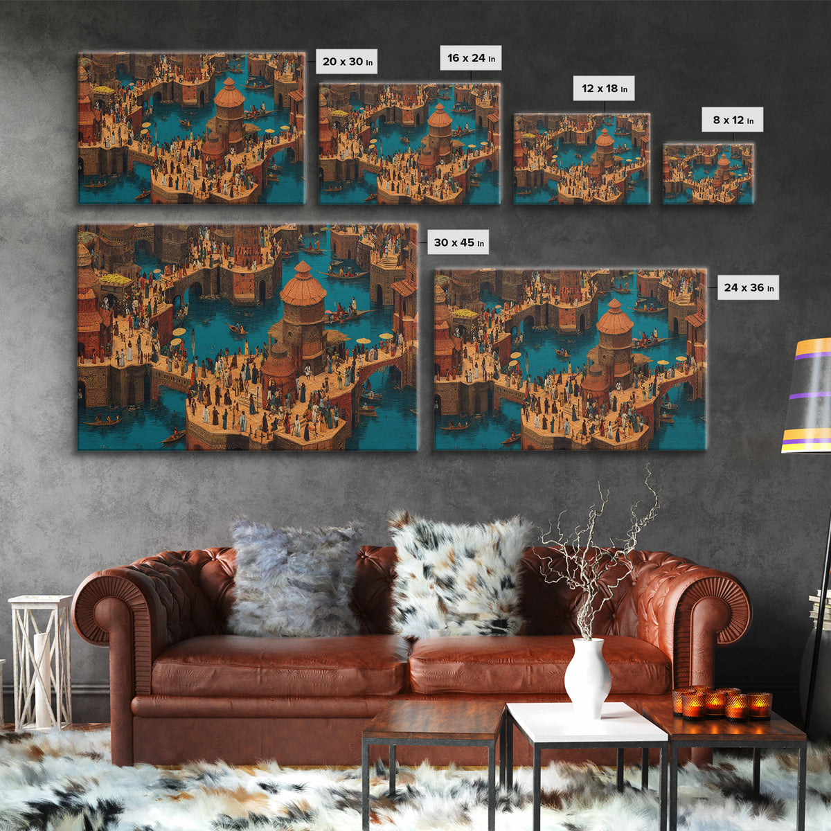 Bustling African Canal Market Wall Art, Crowded Waterfront City Print, Cultural Decor For Living Room Or Office Gallery Wall